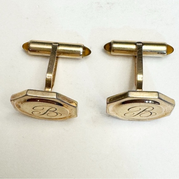 Vintage Krementz Octagon Cuff Links Gold Tone Engraved B Monogram Lucite Tips - Picture 4 of 13